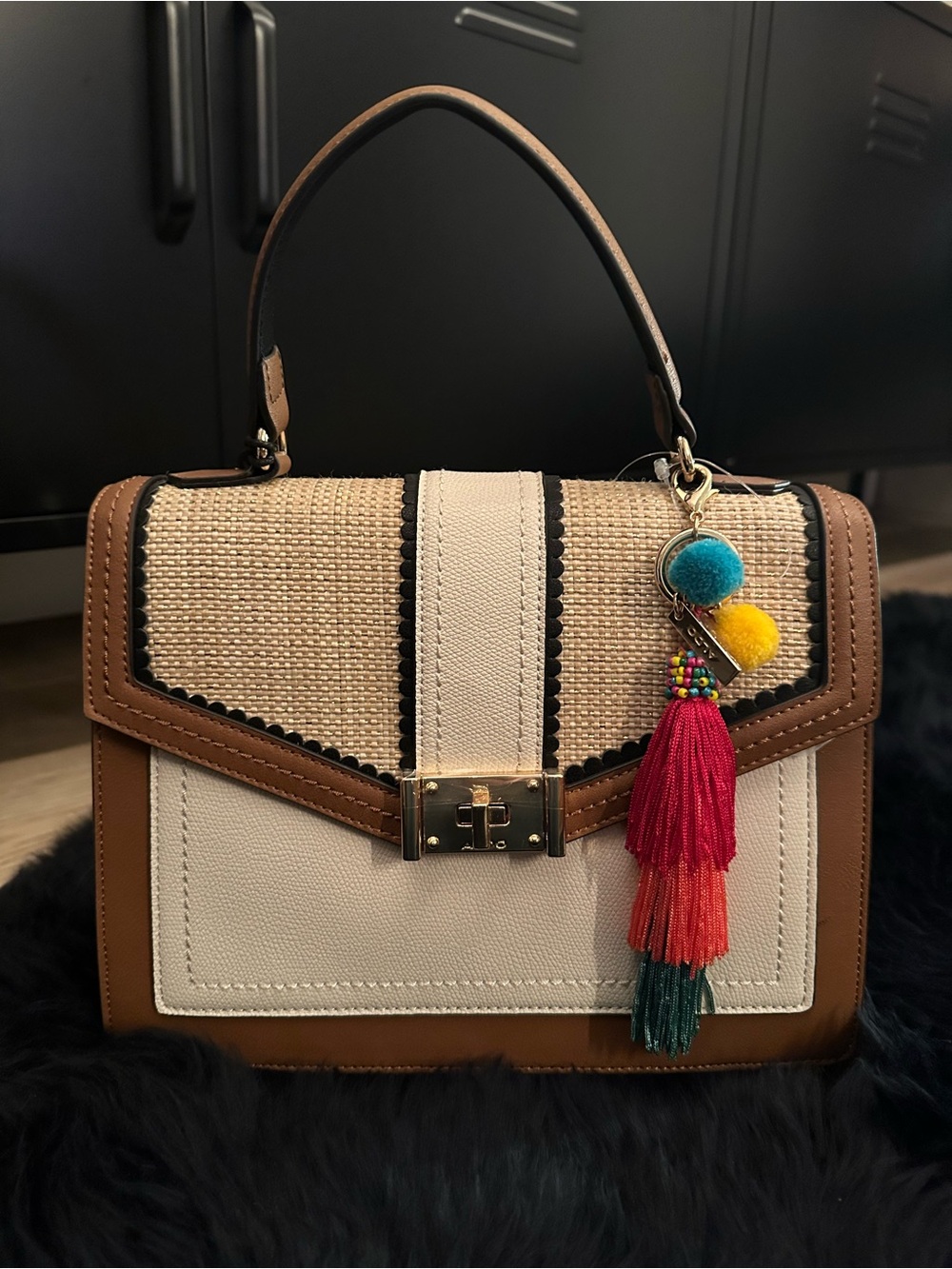 Aldo Isili Cognac Handbag Purse With Colorful Tassels Crossbody Shoulder Strap